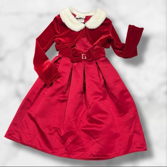 Classic Red Christmas Dress & Faux Fur Bolero Set Brooke Lindsay Size 5 Satin - Picture 1 of 8